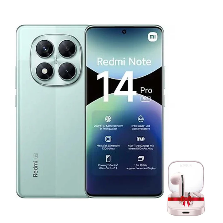 شاومي ريدمي نوت 14 برو - 5 جي - موبايل - 12 جيجا بايت رام 512 جيجا بايت روم - أخضر مرجاني + سماعات ريدمي بادز 6 اكتيف بودرة شفافة